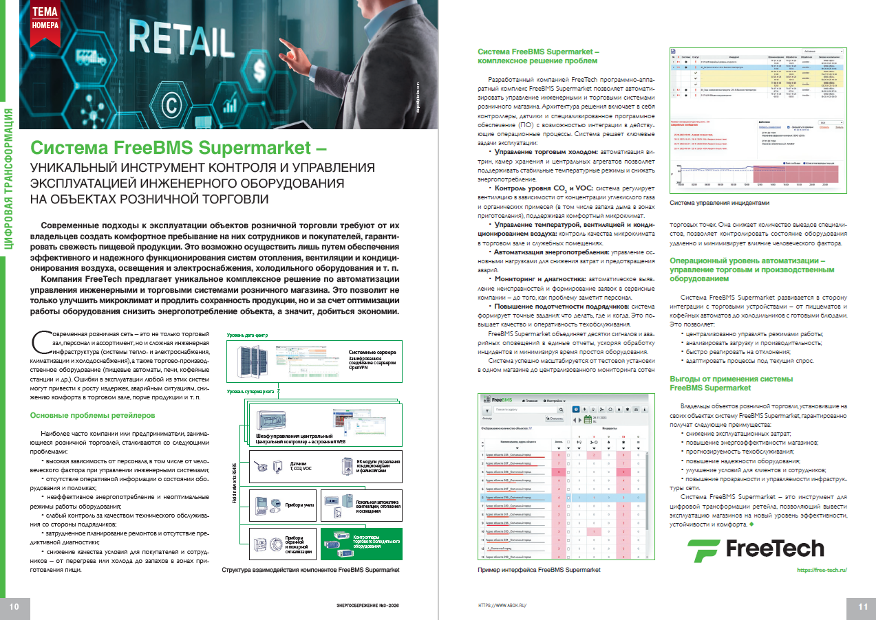 Система FreeBMS Supermarket – уникальный инструмент контроля и управления эксплуатацией инженерного оборудования на объектах розничной торговли
