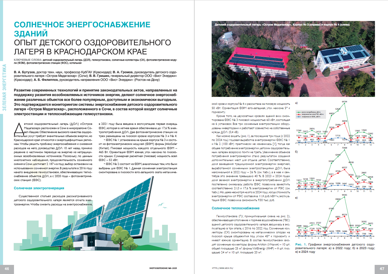 Солнечное энергоснабжение зданий. Опыт детского оздоровительного лагеря в Краснодарском крае